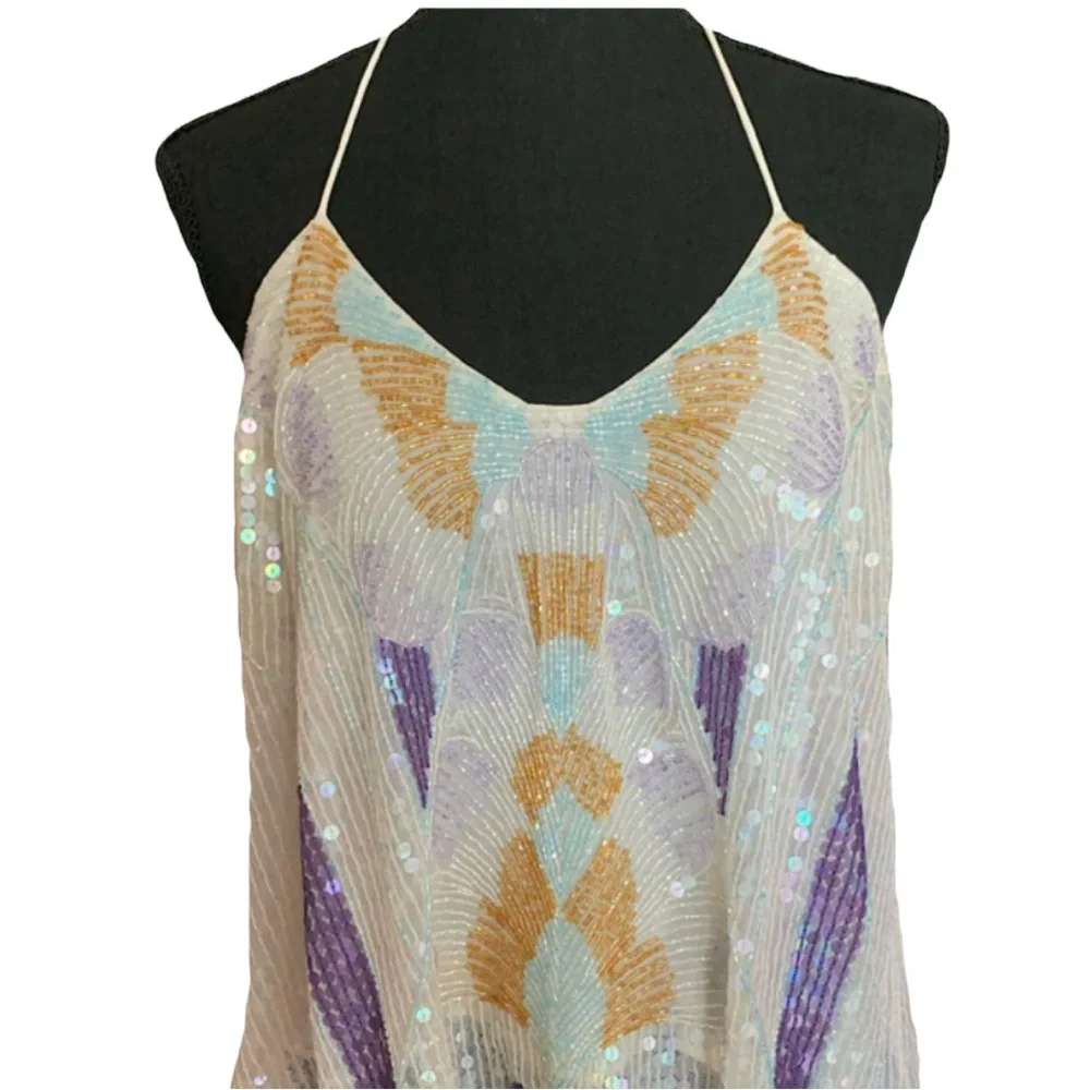 FREE PEOPLE Rare Asymmetrical Beaded Sequin Camisole Top - Picture 5 of 17